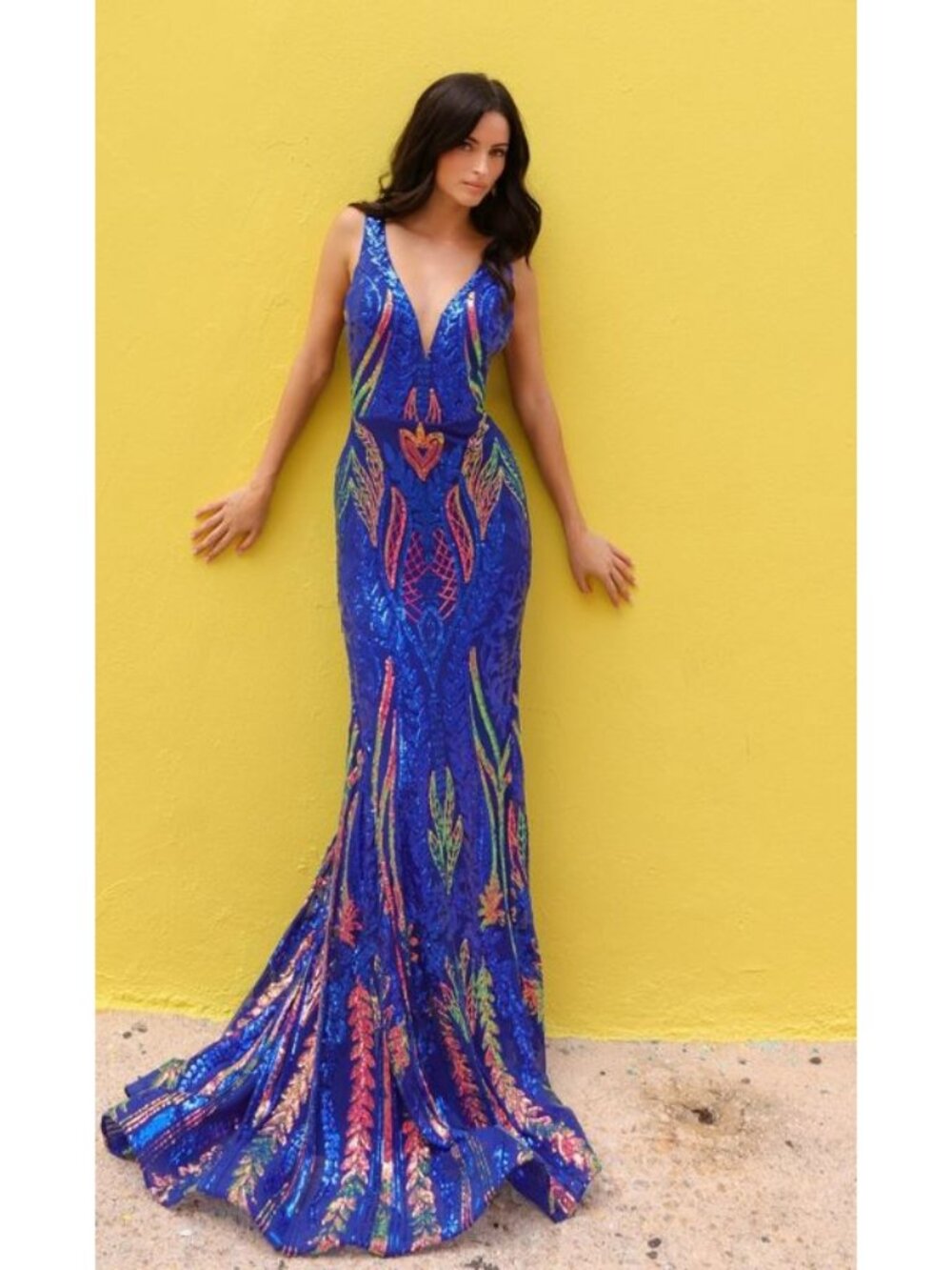 Clearance Royal Multi Size 12 Long Sequin Prom Dress with Sheer Sides R1402